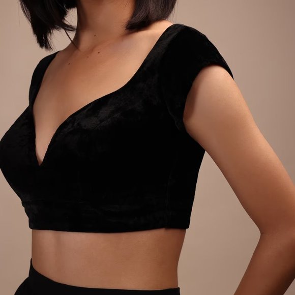 Black Velvet Blouse With Cap Sleeves For Women - Picture 2 of 4